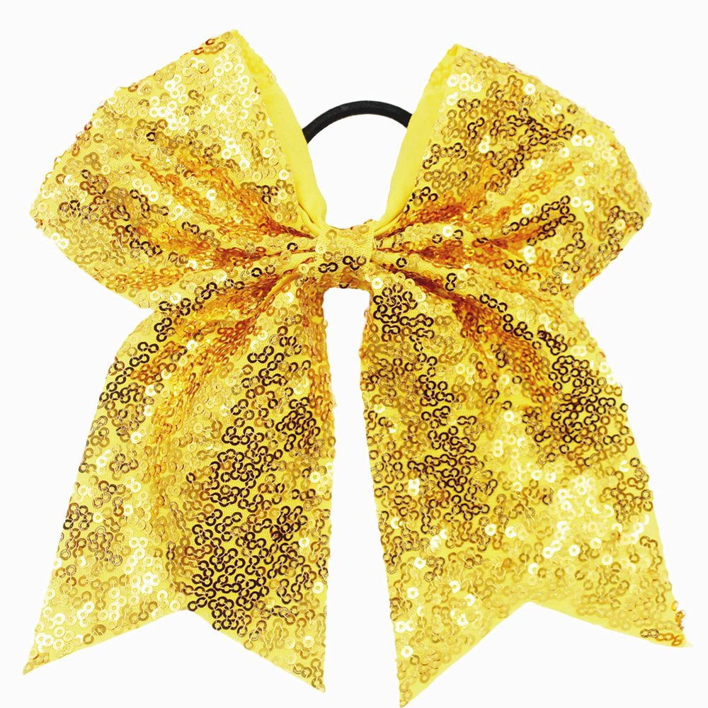 Xansema 6.5 Inches Sequins Hair Bows Elastic Hair Tie Ribbon Large Cheer Bow Ponytail Holder Hair Band for Women Girls Kids Teens (Yellow)