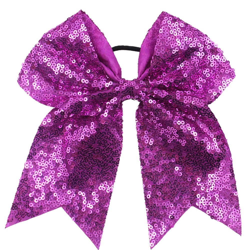Xansema 6.5 Inches Sequins Hair Bows Elastic Hair Tie Ribbon Large Cheer Bow Ponytail Holder Hair Band for Women Girls Kids Teens (Purple)