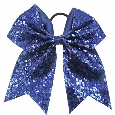 Xansema 6.5 Inches Sequins Hair Bows Elastic Hair Tie Ribbon Large Cheer Bow Ponytail Holder Hair Band for Women Girls Kids Teens (Navy)