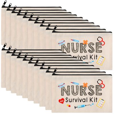 Saintrygo 20 Pieces Nurse Survival Kit Cosmetic Bag Funny Makeup Bag Christmas Nurses Week Gifts Bulk Canvas Multi Purpose Zipper Toiletry Pouch Practitioner Gifts for Women School Supplies