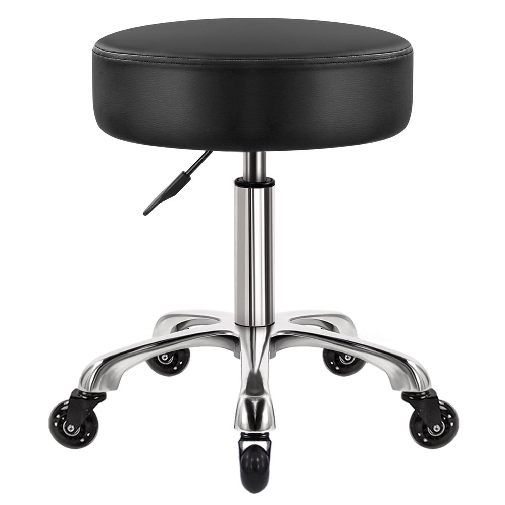WKWKER Heavy Duty Rolling Stool with Wheels Hydraulic Swivel Adjustable Rolling Stool Ergonomic Thick Leather Seat Chair for Kitchen Drafting Lab Office Salon Massage  Black