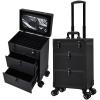 Professional 3 in 1 Rolling Makeup Case Cosmetology Case on Wheels 2 Large Drawer Nail Case Trolley Traveling Cosmetic Train Case with Makeup Pouch for Artists Nail Technician Salon Cart Trunk Black view 1