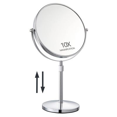 17" Tall Tabletop Magnifying Makeup Mirror Height Adjustable Vanity Mirror 1X/10X Magnification, 8" Large Double-Sided 360 Swivel Classic Round Desktop Make Up Mirror for Bathroom & Bedroom, No Light
