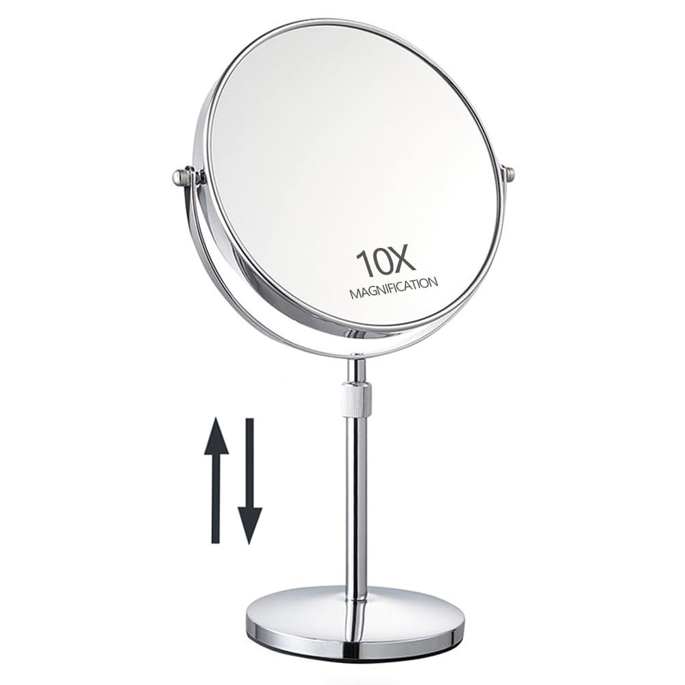 17" Tall Tabletop Magnifying Makeup Mirror Height Adjustable Vanity Mirror 1X/10X Magnification, 8" Large Double-Sided 360 Swivel Classic Round Desktop Make Up Mirror for Bathroom & Bedroom, No Light