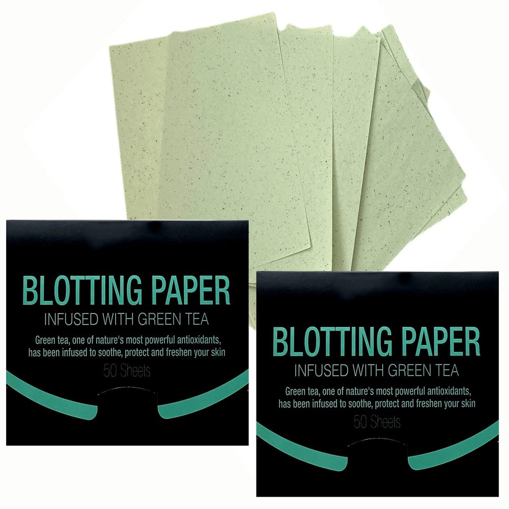 2 Pks GREEN TEA INFUSED Soothing Natural Abaca Blotting Paper - 100 Oil Blotting Sheets - Makeup Friendly UNISEX Oily Skin Shine Blotter Photography Zoom Meetings Travel Gym School - MADE IN TAIWAN