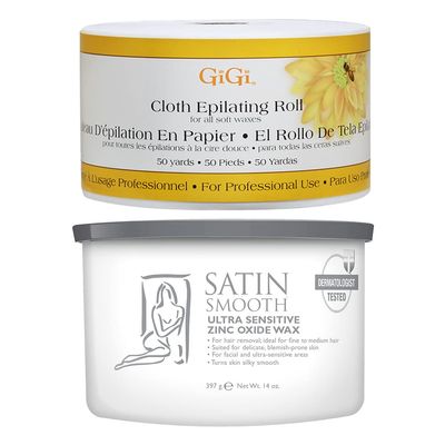 GiGi Cloth Epilating Roll for Hair Waxing/Hair Removal, 50 yds AND Satin Smooth Zinc Oxide Hair Removal Wax 14oz.
