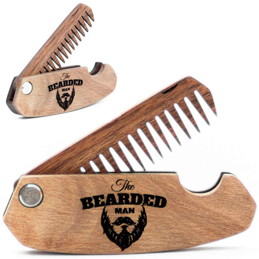Beard Comb Personalized Gifts Anniversary Gift Wooden Brush Custom Comb Groomsmen Gift Hair Brush Pocket Brush Birthday Gift for Boyfriend (Walnut, The Bearded Man)