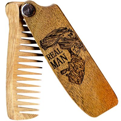 Engraved Wooden Beard Comb for Men (Walnut, Real Man)