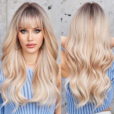 EMMOR Long Blonde Mixed White Wave Wig with Bangs Dark Roots Curly Wig for Women Synthetic Wig Natural Looking Heat Resistant Fiber Wigs