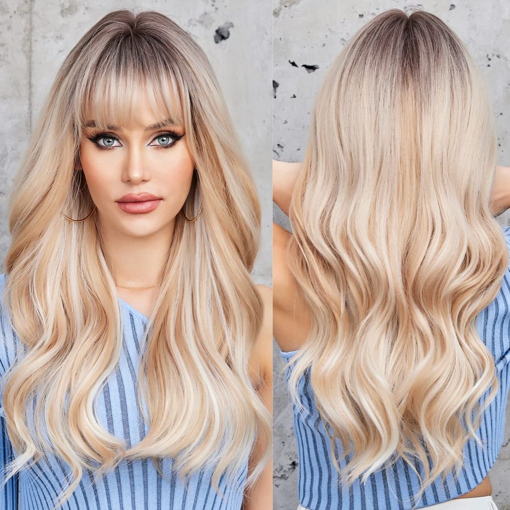 EMMOR Long Blonde Mixed White Wave Wig with Bangs Dark Roots Curly Wig for Women Synthetic Wig Natural Looking Heat Resistant Fiber Wigs