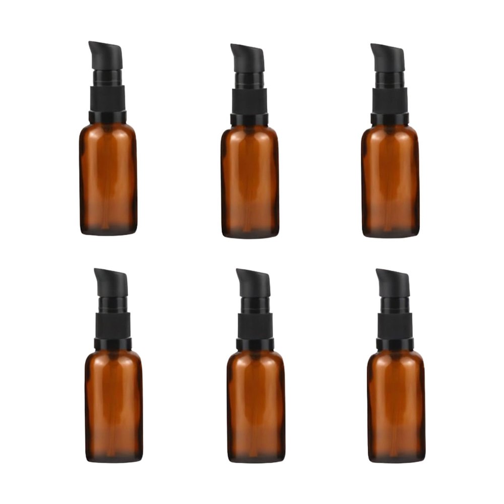 6 Pcs 30ml 1oz Amber Glass Bottles with Lotion Pump Empty Refillable Lotion Containers Cream Foundation Dispenser Storage Jars for DIY Skincare