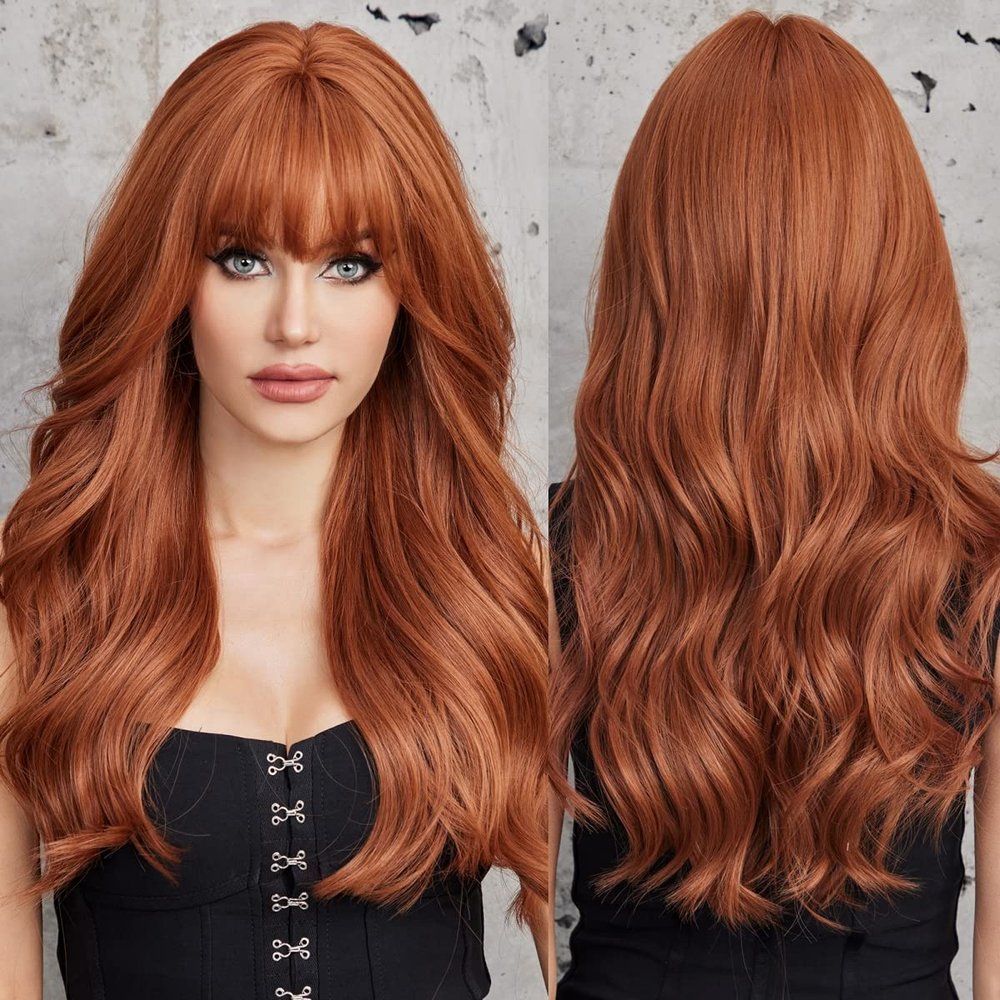 EMMOR Orange Brown Long Wigs for Women, Natural Wavy wig with Bangs Heat Resistant Fiber Synthetic Wigs for Daily PartyStrawberry blonde