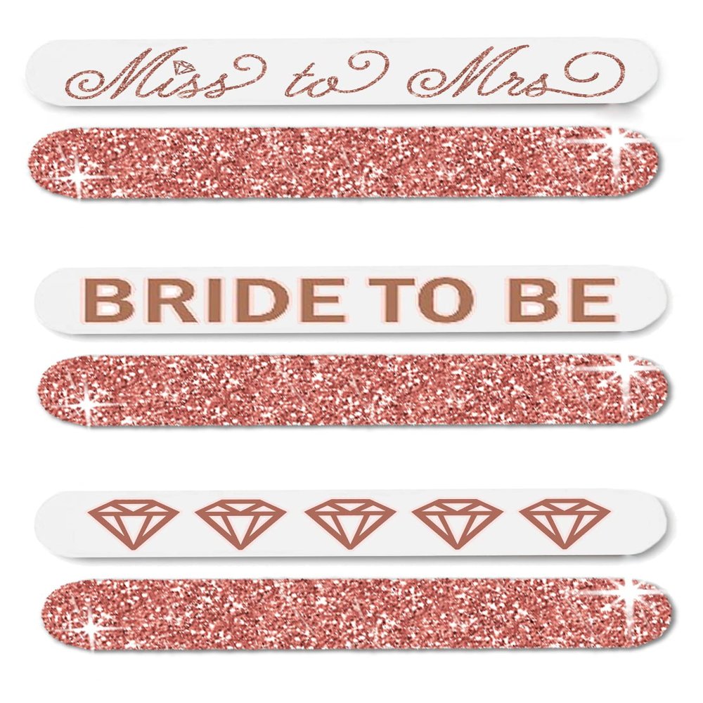 Wedding Day Survival Kit for Bride - Set of 6 Rose Gold Sparkle Bride Nail Files (2) Bride to Be, (2) Miss to Mrs, (2) Diamonds - Bridal Shower Gifts - Emery Board