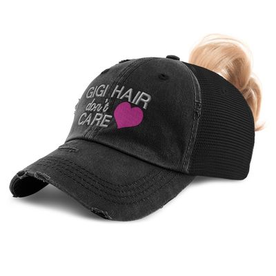 Ponytail Cap Women's Baseball Cap Embroidered Gigi Hair Don't Care Sun Hat with Ponytail Hole High Pony Hat Cotton Black Design Only
