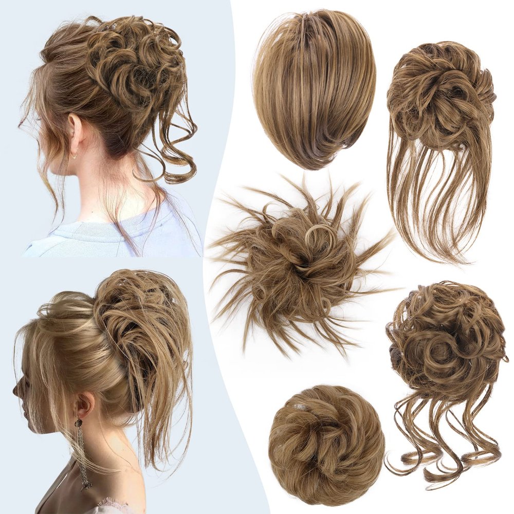 HMD 5 Pieces Messy Hair Bun Hairpiece Tousled Updo for Women Hair Extension Ponytail Scrunchies with Elastic Rubber Band Long Updo Messy Hairpiece Hair Accessories Set for Women12/24