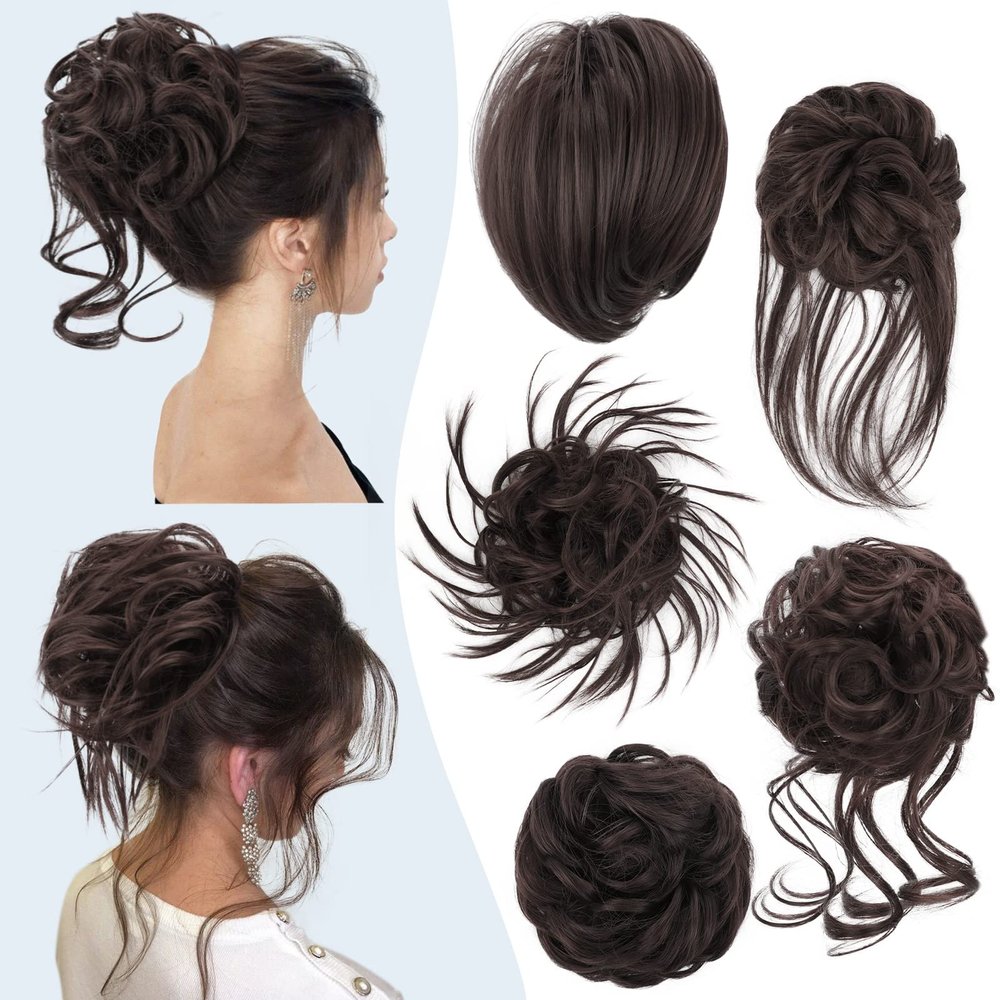 HMD 5 Pieces Messy Hair Bun Hairpiece Tousled Updo for Women Hair Extension Ponytail Scrunchies with Elastic Rubber Band Long Updo Messy Hairpiece Hair Accessories Set for Women (6A)
