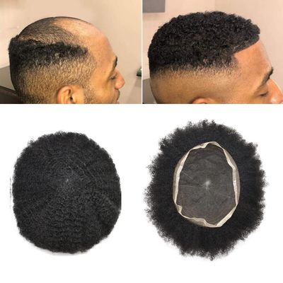 4mm Afro Toupee for Black Men Jet Black Human Hair Replacement Black Mens Curly Toupee Transparent Lace Man Weave Balding Mens Custom Hair Unit Male Hair Systemt with Weaves 120% Medium Densit (4mm Afro Wavy, 1# Jet Black)