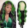xccoco 30" Long Wavy Highlight Wigs Skunk Stripe Body Wave Synthetic Lace Wig Side Part Black Wig with Green Streaks Highlighted Wig for Women view 1
