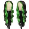 xccoco 30" Long Wavy Highlight Wigs Skunk Stripe Body Wave Synthetic Lace Wig Side Part Black Wig with Green Streaks Highlighted Wig for Women view 2