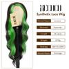 xccoco 30" Long Wavy Highlight Wigs Skunk Stripe Body Wave Synthetic Lace Wig Side Part Black Wig with Green Streaks Highlighted Wig for Women view 3