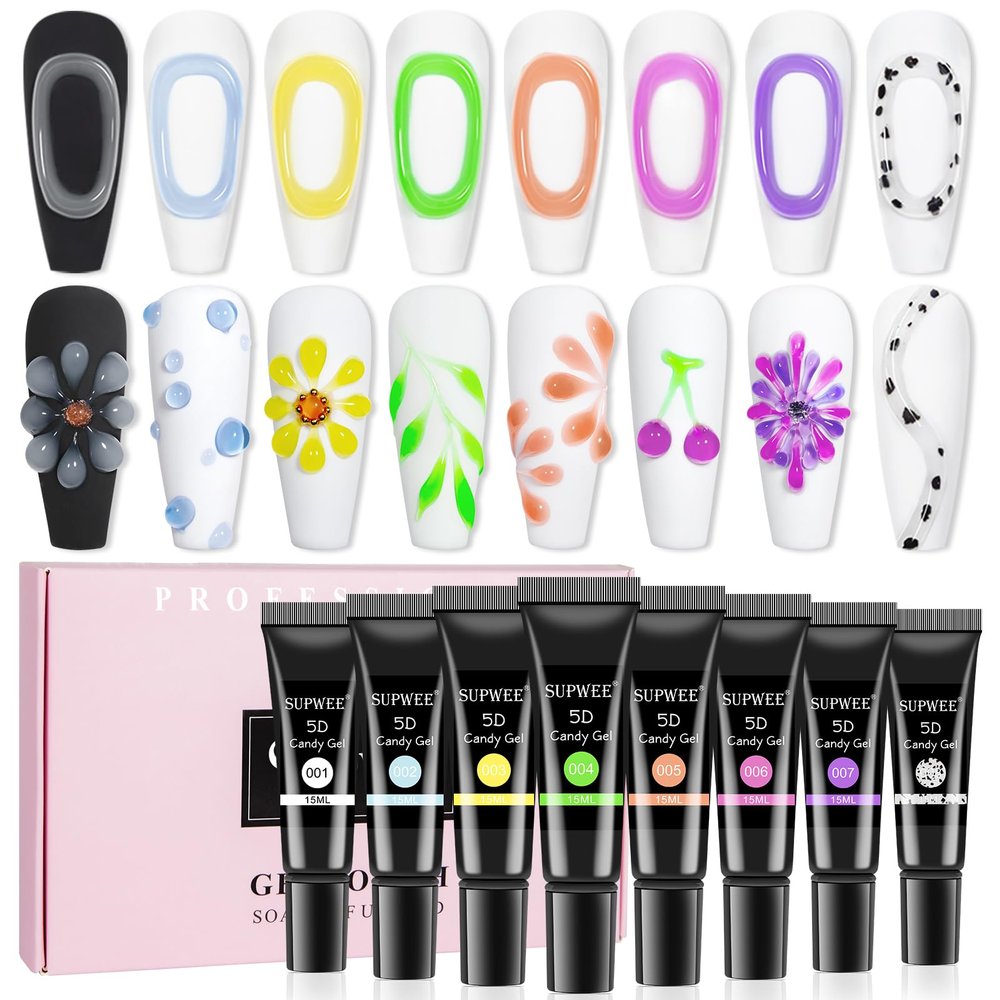 SUPWEE 3D Nail Art Gel Sculpting for Design - 8 Colors Clear White Embossing Tube for Carving Modeling Painting Drawing - Home DIY Manicure