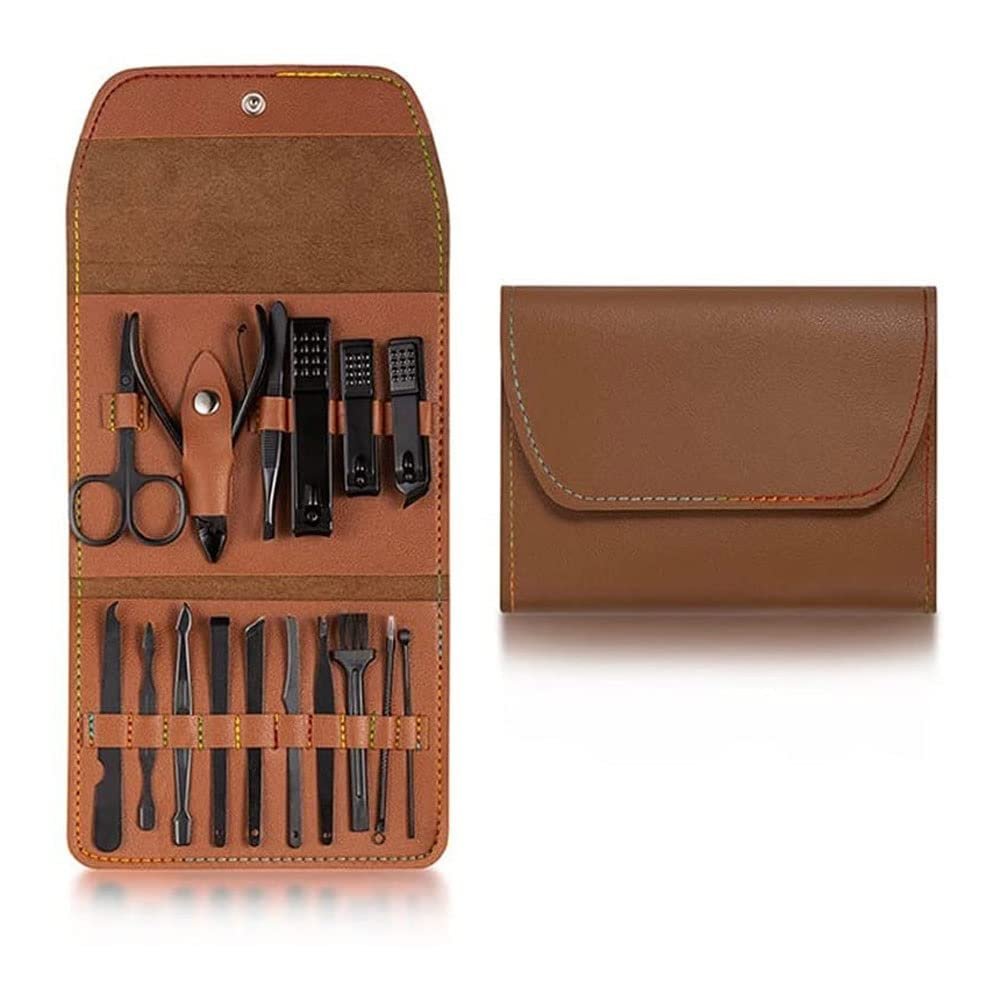 XIXIDIAN Nail Clipper Set Personal Care,Manicure Kit 16 in 1 Pedicure Set Nail Scissors Grooming Kit with Travel Case (Color : Brown)