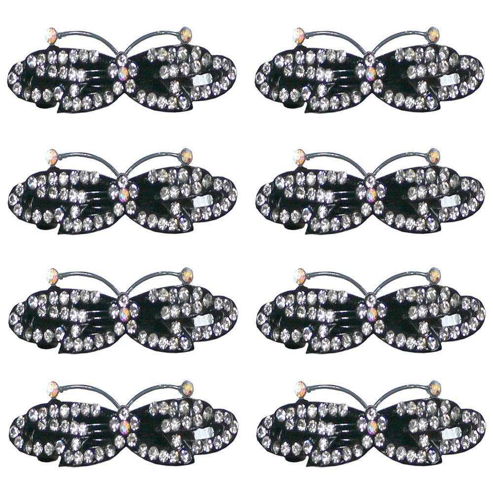 Set of 8 JCGY Metal Barrettes Short/Wide Butterfly Barrettes 0552-8crystalWhite