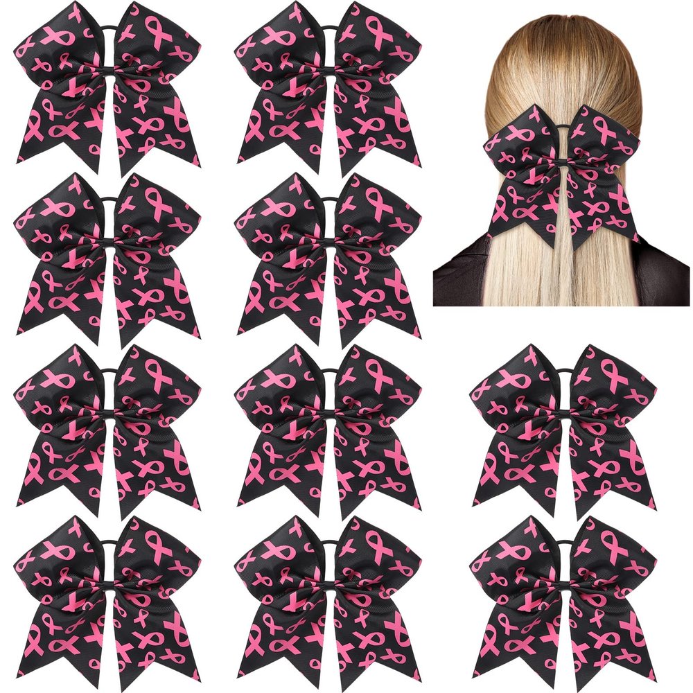10 Pieces 7 Inch Breast Cancer Awareness Large Cheer Hair Bows Ponytail Holder Elastic Cheerleader Bow Holder Ribbon Hair Band For Breast Cancer Month (Black)