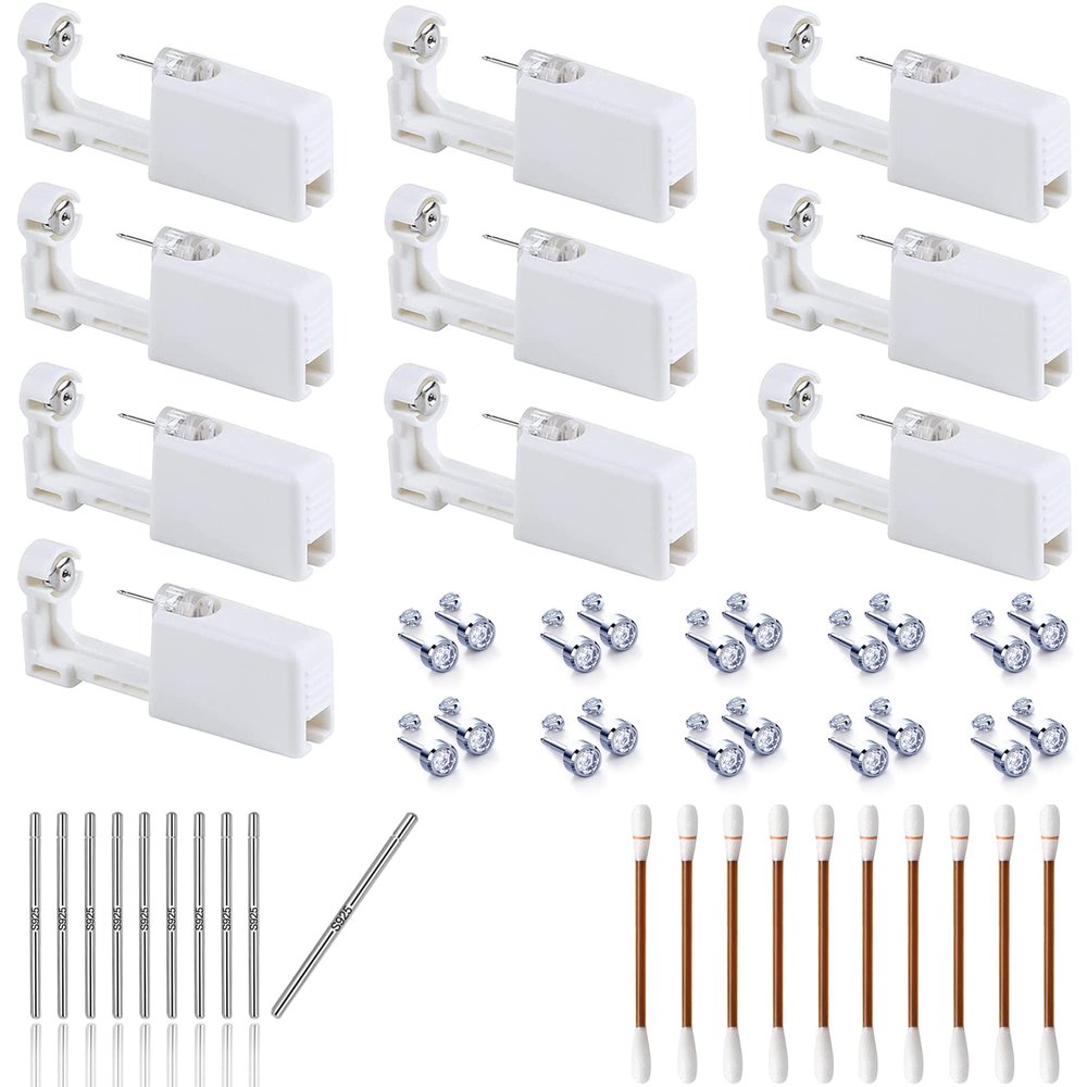 Self Ear Piercing Kit - 10 Pack Disposable Gun with Sterling Silver Ear Sticks and Clean Tool for Nose Studs, Cartilage, Tragus, Helix Piercing