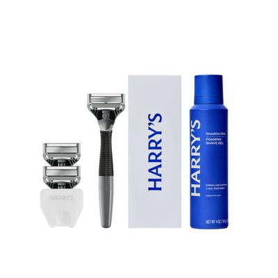 Harry's Original Shaving Kit for Men - Razor Handle, 3 Razor Blade Refills, Foaming Shave Gel, and Travel Blade Cover - German Engineered - Charcoal