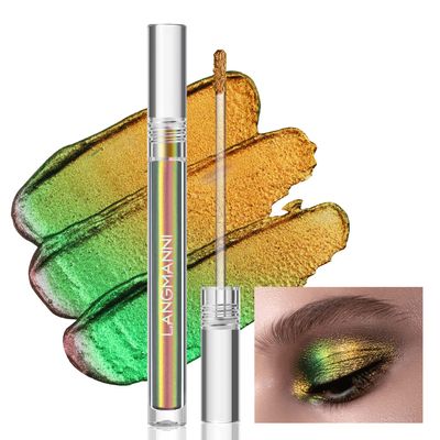 BIOKUSY Multichrome Liquid Eyeshadow, Chameleon Metallic Green Gold Color Shifting Holographic Gel Eye Shadow, High Pigmented, Quick-Drying, Waterproof Glitter Shimmer Gradient