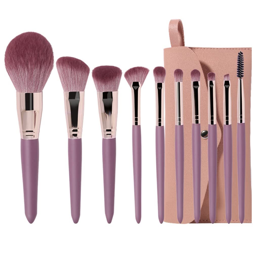 New 10 Makeup Brush Set Purple Soft Hair Wooden Handle Makeup Brush Soft and Durable Loose Powder Brush Eyeshadow Brush Beauty Tools Supplies with Brush Bag (10 Sets of Brushes + Pink Sling Bag)