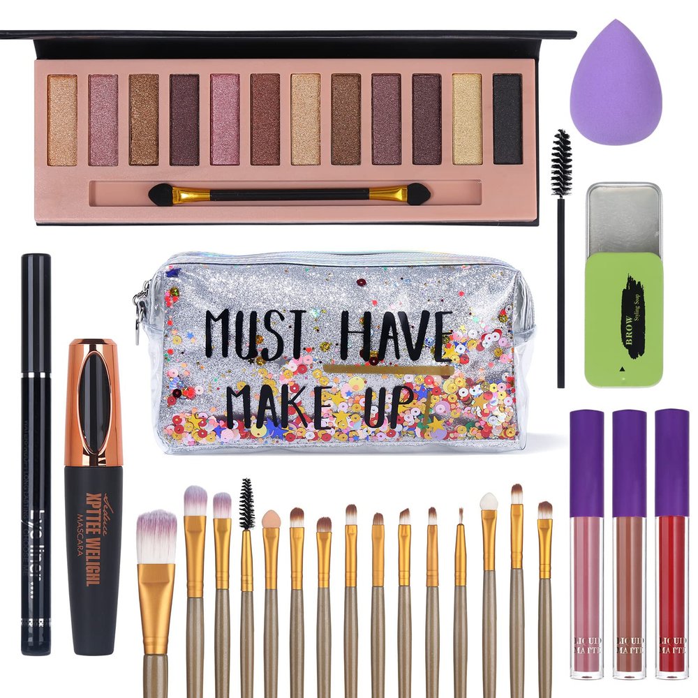 All in One Makeup Set For Women Full Kit - 12 Colors Eyeshadow Palette, Black Mascara Eyeliner Pen, 3pcs Matte Liquid Lipstick, Eyebrow Soap Gel Kit, 12 pcs Brushes & Sponge with Makeup Bag Gift Set
