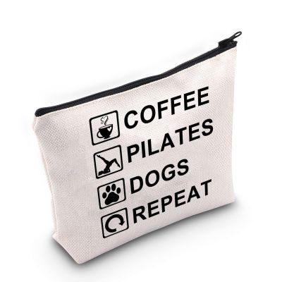 G2TUP Coffee Pilates Dogs Repeat Makeup Bag Coffee Pilates Dog Lover Cosmetic Bag Pet Owner Gift Coffee Dog Pilates Themed Zipper Travel Pouch (Coffee Pilates Dogs Repeat White Bag)