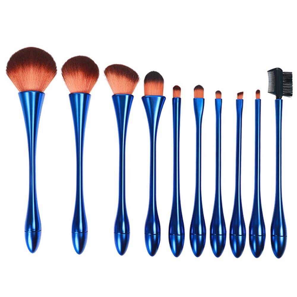 10 Pcs Makeup Brush Set Loose Powder Blush Brush Beauty Tool Goblet Style Makeup Brush Bristles Soft and Slender Contouring Brush Beauty Brush Eyebrow Comb Set (Blue + Orange Bottom Brown Head + opp Packaging)