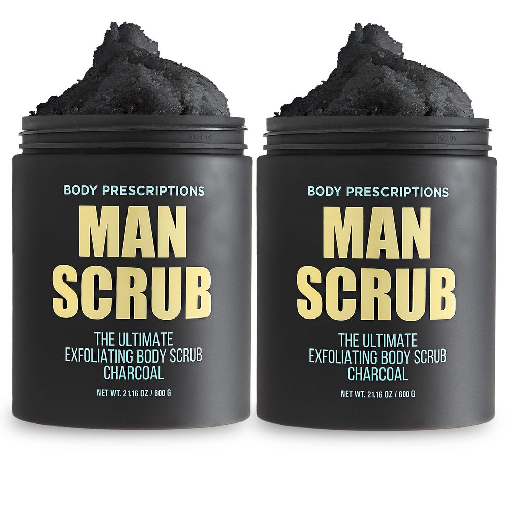 Body Prescriptions Mens Exfoliating Body Scrub  Ultimate Skin Cleansing Wash in Jar with Twist-Top Lid, For All Skin Types, 21 Ounce (Pack of 2), Charcoal
