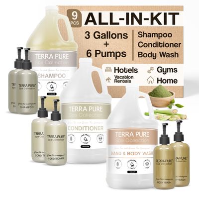 Spa Collection Gallon & Dispenser Set | 1-Shoppe Amenities Kit | Shampoo, Conditioner, Body Wash | Refillable 10.14 oz Pump Bottles