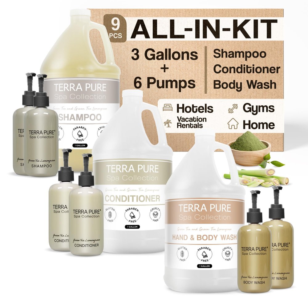 Spa Collection Gallon & Dispenser Set | 1-Shoppe Amenities Kit | Shampoo, Conditioner, Body Wash | Refillable 10.14 oz Pump Bottles