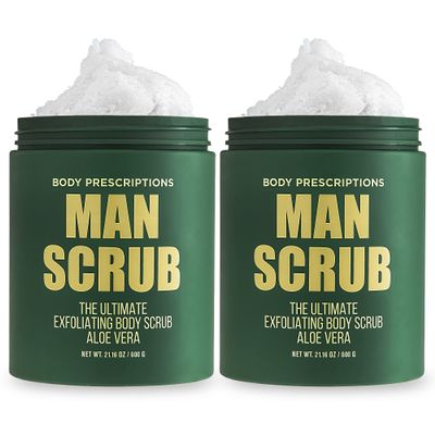 Body Prescriptions Mens Exfoliating Body Scrub  Ultimate Skin Cleansing Wash in Jar with Twist-Top Lid, For All Skin Types, 21 Ounce (Pack of 2), Aloe Vera