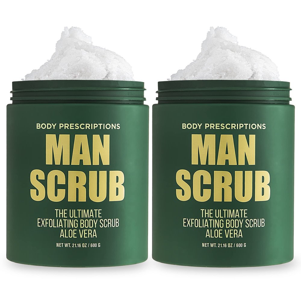 Body Prescriptions Mens Exfoliating Body Scrub  Ultimate Skin Cleansing Wash in Jar with Twist-Top Lid, For All Skin Types, 21 Ounce (Pack of 2), Aloe Vera