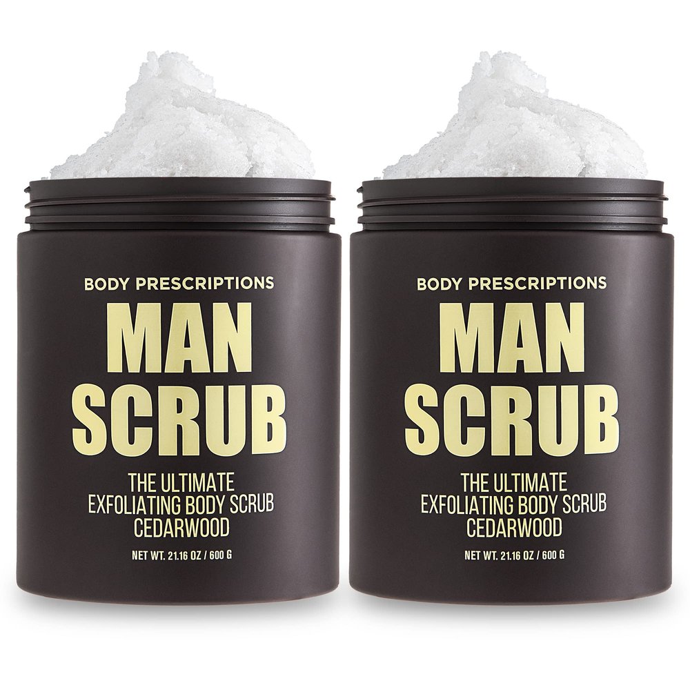 Body Prescriptions Mens Exfoliating Body Scrub  Ultimate Skin Cleansing Wash in Jar with Twist-Top Lid, For All Skin Types, 21 Ounce (Pack of 2), Cedarwood