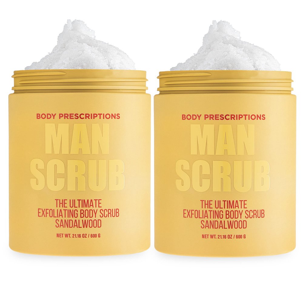 Body Prescriptions Mens Exfoliating Body Scrub  Ultimate Skin Cleansing Wash in Jar with Twist-Top Lid, For All Skin Types, 21 Ounce (Pack of 2), Sandalwood