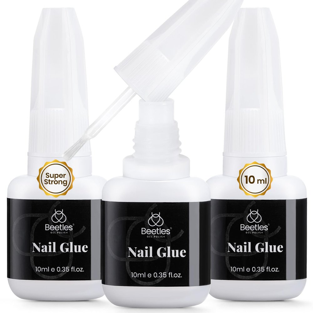 Beetles Super Strong Nail Glue for Press on Nails: 10ML 3Pcs Brush on Glue for Acrylic Nails, Nail Tips Quick Dry No Uv Light Needed