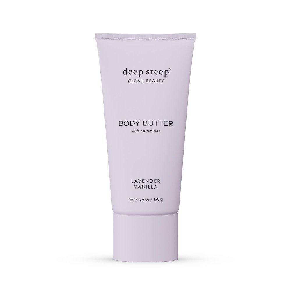 Deep Steep Body Butter, 6 oz Rich Moisturizer with Ceramides, Coconut Oil, Argan Oil & Aloe Vera Vegan, Clean Beauty, Smooth & Hydrated Skin (6 Ounces, Lavender Vanilla)