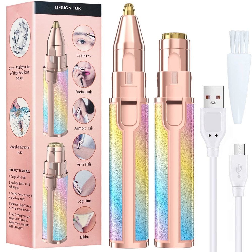 2 in 1 Facial Hair Remover for Women & Eyebrow Trimmer - Painless Rechargeable Shaver With Built-in LED Light for Body & Face