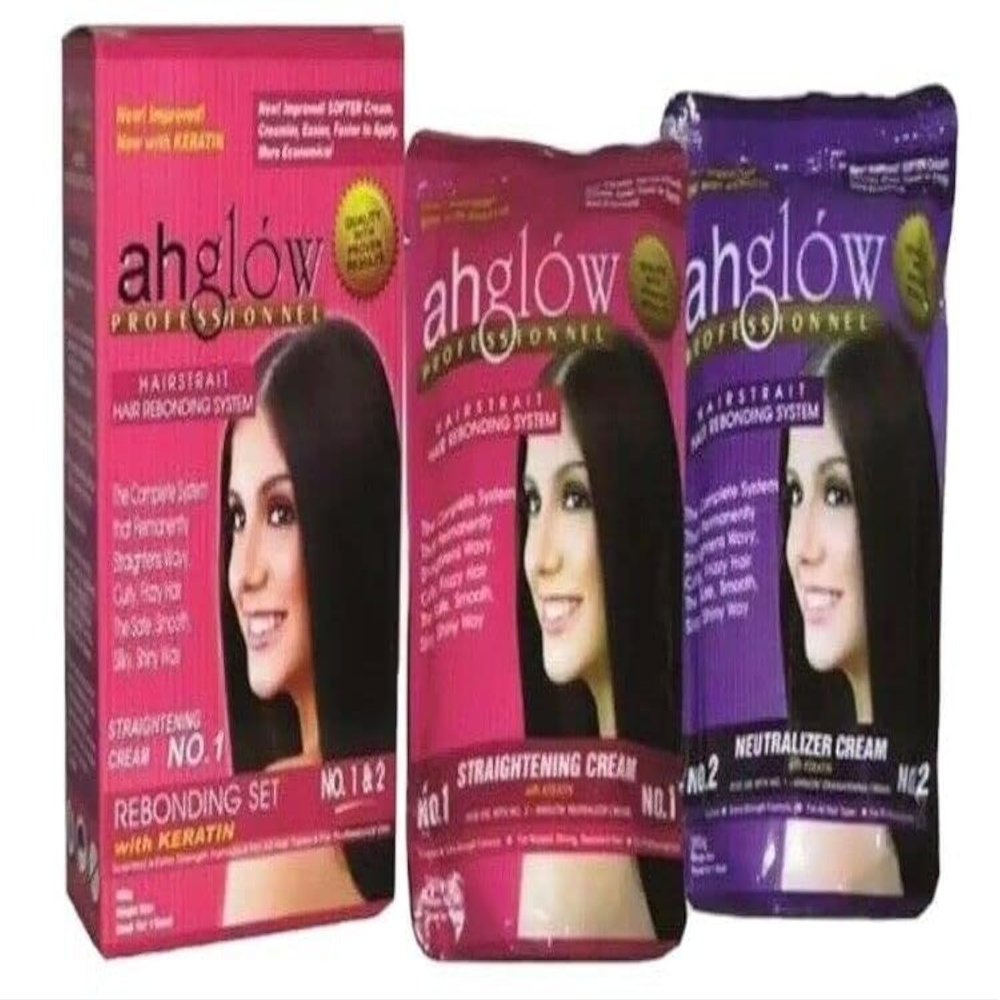 AHGLOW Hair Straightening and Rebonding System with KERATIN. Extra Strength Formula. The Complete System that Straightens Wavy, Curly, Frizzy Hair the Smooth, Silky, Shiny Way! 165 gram pouches