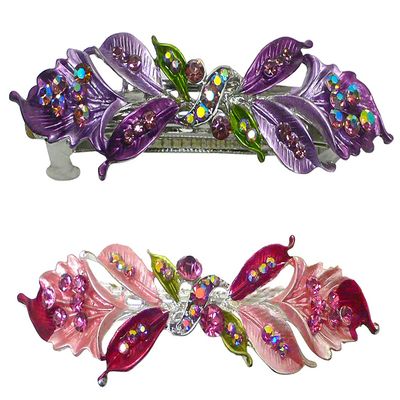 Set of 2 JCGY Metal Barrettes Hand Painted Ribbon Bow Barrettes YY86800-3-2purplePink