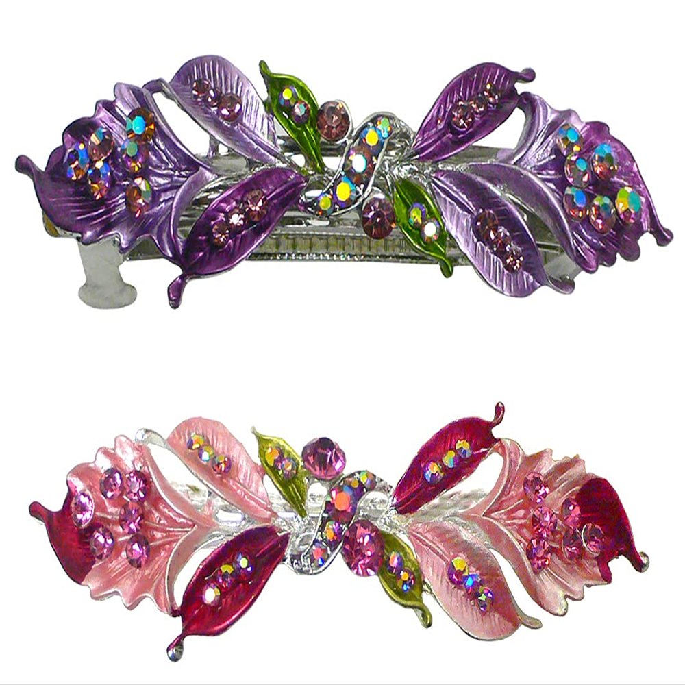 Set of 2 JCGY Metal Barrettes Hand Painted Ribbon Bow Barrettes YY86800-3-2purplePink