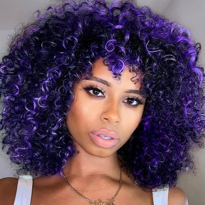 YEAME Curly Wigs for Black Women - Purple Mixed Blue Synthetic Afro Curly Wigs with Bangs, 15" Length, 21.5"-22" Cap Size
