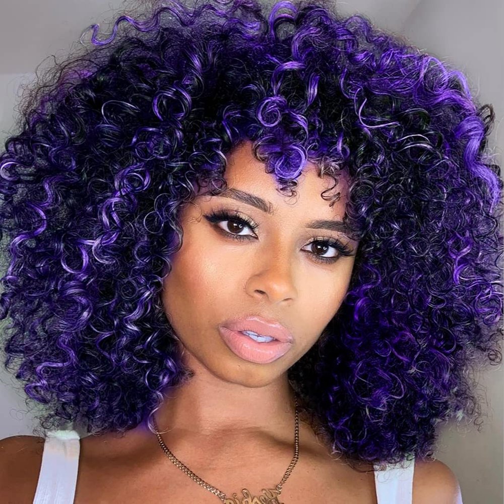 YEAME Curly Wigs for Black Women - Purple Mixed Blue Synthetic Afro Curly Wigs with Bangs, 15" Length, 21.5"-22" Cap Size